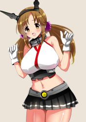 Rule 34 | 1girl, bare shoulders, blush, breasts, brown eyes, brown hair, cosplay, crossover, curvy, female focus, hairband, idolmaster, idolmaster cinderella girls, kantai collection, large breasts, long hair, looking at viewer, low twintails, midriff, miniskirt, mutsu (kancolle), mutsu (kancolle) (cosplay), navel, open mouth, perepere-kun, skirt, smile, solo, thick thighs, thighs, totoki airi, twintails, wide hips