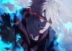 Rule 34 | 1boy, artist name, blue fire, clenched teeth, collarbone, dated, devil may cry, devil may cry (series), devil may cry 4, dmc pa, fire, glowing, glowing eyes, hood, hood down, male focus, nero (devil may cry), open mouth, red eyes, short hair, signature, solo, tagme, teeth, white hair