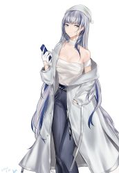 Rule 34 | 1girl, artist name, bare shoulders, belt, blue eyes, blue pants, breasts, cellphone, chinese commentary, closed mouth, coat, coat on shoulders, collarbone, dated, dated commentary, denim, earrings, feet out of frame, girls&#039; frontline, girls&#039; frontline neural cloud, gloves, grey hair, hand in pocket, highres, himos, holding, holding phone, hubble (neural cloud), jeans, jewelry, lips, long hair, looking at viewer, medium breasts, multicolored hair, off-shoulder sweater, off shoulder, pants, phone, smartphone, solo, standing, streaked hair, sweater, white background, white coat, white gloves, white headwear, white sweater