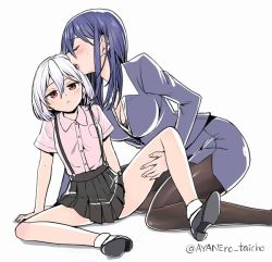 Rule 34 | 2girls, age difference, ayanero taicho, blue hair, blush, breasts, cleavage, closed eyes, commentary request, hair between eyes, large breasts, licking, multiple girls, office lady, onee-loli, open mouth, original, pantyhose, pink shirt, red eyes, shirt, short hair, simple background, skirt, suspender skirt, suspenders, twitter username, white background, white hair, yuri