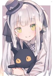 Rule 34 | 1girl, aged down, animal, bad id, bad twitter id, black cat, bow, bowtie, cat, checkered bow, checkered bowtie, checkered clothes, checkered neckwear, girls&#039; frontline, green eyes, hat, headband, highres, hk416 (black kitty&#039;s gift) (girls&#039; frontline), hk416 (girls&#039; frontline), holding, holding animal, holding cat, long hair, long sleeves, looking at viewer, mini hat, official alternate costume, sakana-ko, sidelocks, silver hair, smile, solo, yellow eyes