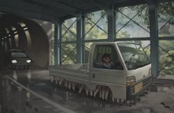 Rule 34 | 1girl, car, expressionless, extra legs, motor vehicle, nature, original, pickup truck, plant, reflection, road, shoes, socks, tensen (dotted line), truck, tunnel, unworn footwear, unworn shoes, vehicle focus, vines, what