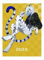 Rule 34 | 1girl, 2022, absurdres, animal ears, border, chinese zodiac, claws, colored skin, cropped jacket, digitigrade, fang, full body, furry, furry female, happy new year, highres, looking at viewer, monster girl, new year, original, ruteko (ruko220), skin fang, solo, tail, tiger ears, tiger girl, tiger stripes, tiger tail, white border, white hair, white skin, year of the tiger, yellow background