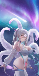 Rule 34 | 1girl, absurdres, bare shoulders, biya (1024), blush, breasts, closed mouth, clothing cutout, detached sleeves, from side, grey hair, highres, indie virtual youtuber, large breasts, leotard, long hair, long sleeves, looking at viewer, navel cutout, outdoors, purple eyes, shizukou, solo, tentacles, thighs, twintails, white leotard