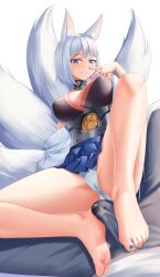 Rule 34 | 1boy, 1girl, absurdres, animal ears, azur lane, barefoot, blue eyes, blue nails, blue skirt, blunt bangs, breasts, bulge, cum, cum on clothes, erection, erection under clothes, feet, footjob, footjob over clothes, foreshortening, fox ears, fox tail, grey pants, hand up, hetero, highres, jewelry, kaga (azur lane), knee up, large breasts, legs, looking at viewer, maozi dan, medium hair, microskirt, multiple tails, nail polish, off shoulder, open mouth, out of frame, panties, pants, ring, sidelocks, simple background, skirt, soles, solo, swept bangs, tail, thighs, toenail polish, toenails, toes, two-footed footjob, underwear, v, white panties