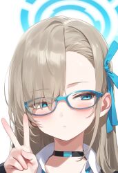 Rule 34 | 1girl, ai-assisted, asuna (blue archive), blonde hair, blue archive, blue eyes, blue ribbon, choker, closed mouth, crownared, glasses, halo, head tilt, highres, looking to the side, ribbon, shirt, v, white background, white shirt