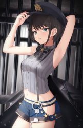 Rule 34 | 1girl, aqua eyes, arm behind head, armpits, bare arms, black bow, black bowtie, black jacket, blue shorts, bow, bowtie, brown hair, clothing cutout, cowboy shot, crop top, cuffs, hand on headwear, handcuff dangle, handcuffs, hat, highres, hip vent, hololive, jacket, looking to the side, midriff, navel, oozora subaru, oozora subaru (work), parted lips, peaked cap, police hat, shirt, short hair, short shorts, shorts, sleeveless, sleeveless shirt, solo, standing, star (symbol), striped clothes, striped shirt, suspender shorts, suspenders, thighs, thomas 8000, two-tone shirt, vertical-striped clothes, vertical-striped shirt, virtual youtuber