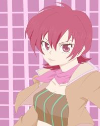 Rule 34 | 1girl, breasts, cleavage, female focus, iria animi, jacket, lowres, red eyes, red hair, scarf, short hair, solo, tales of (series), tales of innocence, upper body