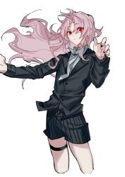 Rule 34 | 1boy, absurdres, black jacket, black shorts, bridal garter, chinese commentary, closed mouth, collared shirt, commentary request, cowboy shot, cropped legs, floating hair, frown, hatsutori hajime, highres, jacket, long hair, male focus, necktie, parted bangs, pink hair, red eyes, saibou shinkyoku, shirt, shorts, simple background, solo, white background, white necktie, white shirt, wotmyijingwuyuwuqiule