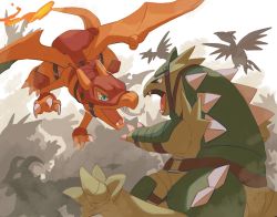 Rule 34 | bad id, bad twitter id, belt, blue eyes, brown belt, charizard, claws, creatures (company), eye contact, fangs, fighting, flame-tipped tail, flying, game freak, gen 1 pokemon, gen 2 pokemon, grey eyes, harness, highres, houndoom, looking at another, nintendo, open mouth, pokemon, pokemon (creature), skarmory, strap, tongue, torinoko (miiko draw), tyranitar