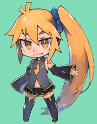 Rule 34 | 1girl, ahoge, akita neru, aqua background, bad id, bad pixiv id, bare shoulders, black skirt, black sleeves, black thighhighs, blonde hair, chibi, clothing cutout, commentary, detached sleeves, fang, full body, grey shirt, guemi (ba11f0rm3), hair tie, highres, light smile, long hair, looking at viewer, midriff, miniskirt, navel, necktie, open mouth, pleated skirt, ponytail, shiny clothes, shirt, short hair, shoulder tattoo, side ponytail, skin fang, skirt, sleeveless, sleeveless shirt, sleeves past fingers, sleeves past wrists, solo, stomach cutout, tattoo, thick eyebrows, thighhighs, very long hair, very short hair, vocaloid, yellow eyes, yellow necktie, zettai ryouiki