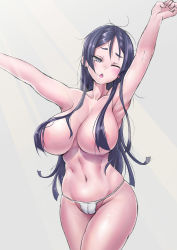 Rule 34 | 1girl, absurdres, armpits, arms up, black eyes, black hair, blush, breasts, cameltoe, censored, collarbone, curvy, fate/grand order, fate (series), female focus, groin, hair censor, hair over breasts, highres, large breasts, long hair, messy hair, minamoto no raikou (fate), morning, navel, panties, solo, standing, togin, topless, underwear, underwear only, white panties, wince, yawning