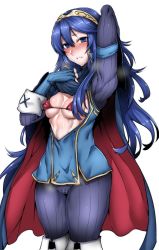 Rule 34 | 1girl, absurdres, arm up, armband, bikini, bikini under clothes, blue eyes, blue hair, blush, breasts, cameltoe, cape, cleft of venus, fingerless gloves, fire emblem, fire emblem awakening, gggg, gloves, hair ornament, highres, long hair, looking at viewer, lucina (fire emblem), nintendo, open clothes, open shirt, simple background, small breasts, smile, solo, steam, sweat, swimsuit, tiara, very long hair, white background