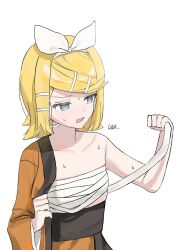 Rule 34 | 1girl, annoyed, aqua eyes, bandages, blonde hair, breasts, chest sarashi, collarbone, commentary request, flat chest, gekokujou (vocaloid), hair ornament, hairclip, half-closed eyes, headphones, headset, highres, holding bandages, hot, japanese clothes, jindimnyeo, kagamine rin, kimono, korean commentary, medium hair, open clothes, open kimono, orange kimono, pale skin, sarashi, signature, single bare arm, single bare shoulder, small breasts, sweat, swept bangs, uncomfortable, vocaloid, wide sleeves