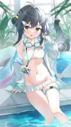 Rule 34 | 1girl, :d, absurdres, arknights, ball, beachball, bikini, black hair, blurry, blurry background, blush, breasts, commentary request, depth of field, frilled bikini, frills, goggles, goggles around neck, grey eyes, grey jacket, groin, hair between eyes, hair bun, hand up, highres, innertube, jacket, la pluma (arknights), la pluma (summer flowers) (arknights), lanyard, long sleeves, looking at viewer, medium breasts, navel, nitoron, off shoulder, open clothes, open jacket, open mouth, pool, poolside, puffy long sleeves, puffy sleeves, single side bun, smile, solo, swim ring, swimsuit, thigh gap, water, white bikini, window