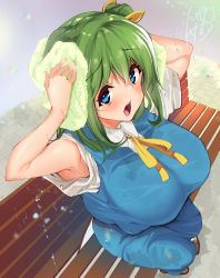 Rule 34 | 1girl, :o, alternate breast size, armpit peek, armpits, arms up, ase (nigesapo), bench, blouse, blue eyes, blue shirt, blue skirt, blush, bow, bowtie, breasts, brown footwear, collared shirt, daiyousei, drying, drying hair, from above, green hair, hair between eyes, hair bow, highres, huge breasts, loafers, long hair, looking at viewer, looking up, open mouth, outdoors, rain, raised eyebrows, shirt, shoes, short sleeves, side ponytail, sidelocks, signature, sitting, skirt, socks, solo, surprised, touhou, towel, wet, wet clothes, white shirt, yellow bow