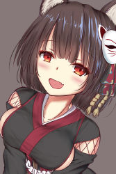 Rule 34 | 1girl, animal ears, azur lane, black hair, blush, breasts, cat ears, fang, highres, kenkano, looking at viewer, mask, mask on head, medium breasts, open mouth, red eyes, short hair, sideboob, simple background, smile, solo, upper body, yamashiro (azur lane)
