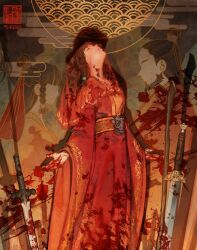 Rule 34 | 1girl, blood, blood in hair, bloody weapon, china dress, chinese clothes, dress, highres, long hair, long sleeves, mural, original, red dress, solo, sword, tagme, velinxi, weapon
