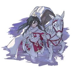 Rule 34 | 1boy, armor, black hair, clenched hand, cloak, closed mouth, constantine xi (fate), cowboy shot, earrings, expressionless, fate/grand order, fate (series), faulds, gloves, grey eyes, hair between eyes, halo, holding, holding reins, horse, jewelry, kitada, long hair, looking at viewer, male focus, pants, reins, saddle, simple background, solo, tassel, tunic, wading, walking, water, white armor, white background, white cloak, white gloves, white horse, white pants, white tunic