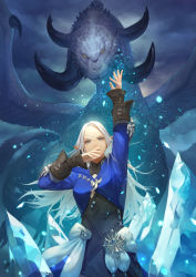 Rule 34 | 1girl, arm up, blue eyes, blue jacket, brooch, cloud, cloudy sky, covered mouth, cowboy shot, cropped jacket, crystal, dragon, elezen, elf, final fantasy, final fantasy xiv, hand up, horns, hraesvelgr (ff14), jacket, jewelry, light particles, long hair, long sleeves, looking at viewer, multiple horns, outdoors, pointy ears, shin716, sky, slit pupils, standing, straight-on, white hair, wings, yellow eyes, ysayle dangoulain