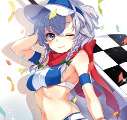 Rule 34 | 1girl, ;), armband, belt, bikini, bikini top only, blue eyes, blush, body blush, bow, braid, breasts, checkered flag, confetti, flag, green bow, hair bow, holding, holding flag, izayoi sakuya, looking at viewer, medium breasts, navel, one eye closed, paragasu (parags112), race queen, red scarf, scarf, short hair, sideboob, smile, solo, sparkle, stomach, swimsuit, touhou, twin braids, upper body, visor cap