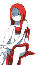 Rule 34 | 1girl, ankle boots, bare legs, bare shoulders, boots, bright pupils, deadpan, eyebrows, forehead, highres, looking at viewer, messy hair, midriff, original, shawl, simple background, solo, spot color, staring, towel, towel on head, white background, colored eyelashes, white hair, yamamoto souichirou