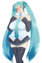 Rule 34 | 00s, 1girl, alternate eye color, aqua hair, bare shoulders, black thighhighs, blush, breasts, brown eyes, covered erect nipples, curvy, detached sleeves, female focus, hatsune miku, headset, highres, huge breasts, impossible clothes, impossible shirt, lips, long hair, necktie, parted lips, shirt, simple background, skindentation, skirt, sleeveless, solo, standing, sweat, sweatdrop, takasugi kou, thighhighs, thighs, twintails, very long hair, vocaloid, white background