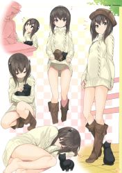 Rule 34 | 10s, 1boy, 1girl, absurdres, admiral (kancolle), animal, aran sweater, bare legs, barefoot, black cat, boots, brown eyes, brown footwear, brown hair, cable knit, cat, closed eyes, cowboy boots, dress, feet, fetal position, flat chest, fringe trim, gintarou (kurousagi108), hat, headgear, highres, kantai collection, knee boots, lying, multiple views, musical note, on side, quaver, ribbed dress, ribbed sweater, scan, short dress, short hair, smile, sweater, sweater dress, taihou (kancolle), turtleneck