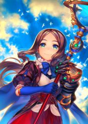 Rule 34 | 1girl, blue bow, blue bowtie, blue eyes, blue gloves, bow, bowtie, brown hair, commentary request, elbow gloves, fate/grand order, fate (series), gloves, highres, holding, holding staff, leonardo da vinci (fate), leonardo da vinci (fate/grand order), leonardo da vinci (rider) (fate), long hair, parted bangs, simosi, smile, solo, staff