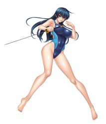 Rule 34 | 1girl, bare legs, bare shoulders, barefoot, blue hair, breasts, closed mouth, competition swimsuit, covered erect nipples, covered navel, curvy, female focus, fingernails, full body, green eyes, highres, holding, holding sword, holding weapon, igawa asagi, kagami hirotaka, large breasts, lilith-soft, long hair, looking at viewer, official art, one-piece swimsuit, parted lips, reverse grip, shiny clothes, shiny skin, simple background, solo, swimsuit, sword, taimanin (series), taimanin asagi, taimanin asagi zero, thighs, weapon, white background