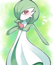 Rule 34 | 1girl, blush, bob cut, colored skin, creatures (company), female focus, flat chest, game freak, gardevoir, gen 3 pokemon, green background, green hair, green skin, hair over one eye, hand up, highres, looking at viewer, multicolored skin, nintendo, notice lines, one eye covered, open mouth, outline, pokemon, pokemon (creature), r aruku, red eyes, short hair, simple background, solo, standing, two-tone skin, white outline, white skin