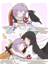 Rule 34 | 2girls, :d, @ @, animal on arm, arm cannon, arms around neck, bird, bird on arm, black hair, black hairband, black wings, blouse, blue shirt, blush, blush stickers, bow, buttons, cape, chair, closed eyes, closed mouth, commentary, crow, desk, eyebrows hidden by hair, eyelashes, feathered wings, frilled shirt, frilled shirt collar, frilled sleeves, frills, green bow, green skirt, hair bow, hair ornament, hairband, hand on another&#039;s head, happy, heart, heart button, heart hair ornament, highres, holding, holding quill, hug, komeiji satori, long hair, long sleeves, looking at another, multiple girls, nashiko (shiusan), nuzzle, open mouth, paper, purple hair, quill, red eyes, reiuji utsuho, reiuji utsuho (bird), ribbon trim, shirt, short hair, skirt, smile, sweatdrop, third eye, touhou, weapon, white cape, white shirt, wide sleeves, wings, writing