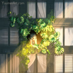 Rule 34 | 1girl, building, camisole, closed eyes, commentary, highres, original, plant, short hair, silver hair, solo, speedpaint, sunlight, watermark, web address, window, yuumei