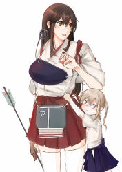 Rule 34 | 10s, 2girls, :t, akagi (kancolle), arrow (projectile), black legwear, blonde hair, blush, brown eyes, brown hair, child, clothes grab, flight deck, graf zeppelin (kancolle), grey eyes, hair between eyes, hakama, hakama short skirt, hakama skirt, height difference, highres, japanese clothes, kantai collection, long hair, looking at viewer, looking to the side, miniskirt, multiple girls, muneate, nontraditional miko, open mouth, pout, sayo (asahisayo), sidelocks, skirt, straight hair, thighhighs, tsurime, twintails, aged down, zettai ryouiki