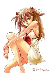 Rule 34 | 00s, 1girl, amelie, armpits, bare shoulders, barefoot, blue eyes, bow, breasts, brown hair, chemise, dress, evangelion: 2.0 you can (not) advance, from side, hair between eyes, hair ornament, hairclip, head tilt, holding own arm, knee up, legs, lingerie, long hair, looking at viewer, neon genesis evangelion, outstretched arms, parted bangs, parted lips, rebuild of evangelion, red bow, signature, simple background, sitting, small breasts, solo, souryuu asuka langley, twitter username, two side up, underwear, underwear only, v arms, white background, white dress
