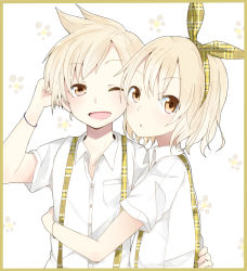 Rule 34 | 1boy, 1girl, bad id, bad pixiv id, blonde hair, brother and sister, hair ribbon, kagamine len, kagamine rin, one eye closed, pun2, ribbon, short hair, siblings, smile, twins, vocaloid, wink, yellow eyes