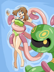 Rule 34 | 1girl, barefoot, blue eyes, brown hair, cradily, creatures (company), drooling, feet, game freak, gen 3 pokemon, helpless, krlitosss, may (pokemon), nintendo, peril, pokemon, pokemon (creature), pokemon oras, pokemon rse, simple background, swimsuit, tentacles, toes, two-piece swimsuit, undressing another, vore, you gonna get eaten