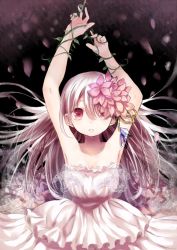 Rule 34 | 1girl, :d, armpits, arms up, bad id, bad pixiv id, bare shoulders, dress, flower, flower on head, long hair, looking at viewer, open mouth, opopowa, original, red eyes, silver hair, smile, solo, white dress