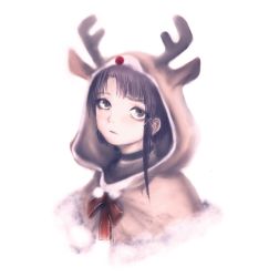 Rule 34 | 1girl, animal costume, black eyes, black sweater, brown hair, closed mouth, commentary, expressionless, eyebrows hidden by hair, fur trim, gorilla(1844~), hair ornament, highres, iwakura lain, light blush, looking at viewer, neck ribbon, parted bangs, red ribbon, reindeer costume, ribbon, simple background, single sidelock, solo, sweater, upper body, white background, x hair ornament