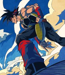 Rule 34 | 1boy, armor, arms at sides, bad id, bad pixiv id, bardock, biceps, black eyes, black hair, black legwear, blue sky, clenched hand, cloud, cloudy sky, day, domo (domo kizusuki), dragon ball, dust, dutch angle, facial scar, fighting stance, from below, frown, full body, looking away, male focus, muscular, outdoors, profile, scar, scar on cheek, scar on face, serious, sky, solo, spiked hair, wristband