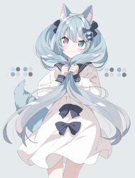 Rule 34 | 1girl, animal ear fluff, animal ears, black bow, blue bow, blue eyes, blue hair, blue sailor collar, blush, bow, closed mouth, color guide, commentary request, dress, grey background, hair between eyes, hair bow, heterochromia, highres, holding, holding hair, long hair, long sleeves, looking at viewer, original, puffy long sleeves, puffy sleeves, purple eyes, sailor collar, sailor dress, simple background, solo, tail, tantan men (dragon), twintails, very long hair, white bow