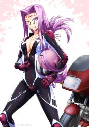Rule 34 | 1girl, biker clothes, bikesuit, bodysuit, breasts, cleavage, facial mark, fate/stay night, fate (series), female focus, folded hair, forehead mark, full-length zipper, glasses, helmet, highres, large breasts, long hair, matching hair/eyes, medusa (fate), medusa (rider) (fate), motor vehicle, motorcycle, motorcycle helmet, partially unzipped, purple eyes, purple hair, racing suit, skin tight, solo, square pupils, takuteks, twitter username, very long hair, zipper