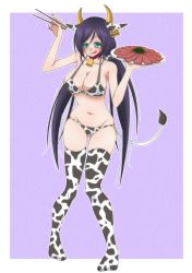 Rule 34 | 1girl, animal ears, animal print, aqua eyes, artist name, artist request, bare shoulders, bell, blush, breasts, chopsticks, cleavage, collarbone, cow ears, cow print, cow print bikini, cow print thighhighs, cow tail, female focus, full body, green eyes, hair ornament, hair scrunchie, highres, holding, holding chopsticks, holding plate, long hair, long twintails, looking at viewer, love live!, love live! school idol project, low twintails, medium breasts, nail, nail polish, neck bell, parted lips, plate, print bikini, purple hair, purple nail polish, purple nails, scrunchie, smile, solo, tail, tojo nozomi, twintails, white scrunchie