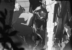 Rule 34 | 1girl, alley, animal, animal ears, animal on head, blurry, breasts, cat, cat ears, cat girl, cat on head, city, depth of field, fang, from below, greyscale, highres, legs apart, long hair, looking at viewer, medium breasts, monochrome, nude, on head, open mouth, original, outdoors, solo, squatting, tongue, tongue out, yoneyama mai