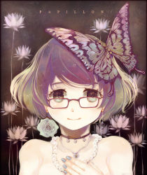 Rule 34 | 1girl, bad id, bad pixiv id, bug, butterfly, earrings, flower, glasses, grey nails, insect, jewelry, manbou no suiso, multicolored eyes, multicolored hair, nail polish, necklace, original, short hair, smile, solo