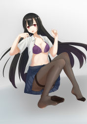 Rule 34 | 1girl, absurdres, black hair, bra, breasts, cleavage, feet, full body, highres, long hair, looking at viewer, medium breasts, mole, open clothes, open shirt, pantyhose, red eyes, soles, solo, toes, tongue, tongue out, underwear