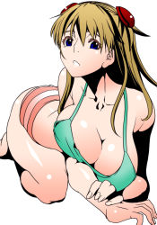 Rule 34 | 1girl, ass, bare legs, bare shoulders, barefoot, bent over, blue eyes, breasts, brown hair, cleavage, hanging breasts, highres, huge breasts, long hair, neon genesis evangelion, rebuild of evangelion, shinama, shiny skin, simple background, solo, souryuu asuka langley, white background