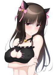 Rule 34 | 1girl, animal ears, black bra, black hair, blush, bra, breasts, brown eyes, cat day, cat ears, cleavage, closed mouth, collar, collarbone, covered erect nipples, fake animal ears, girls und panzer, highres, kuzuryuu kennosuke, large breasts, long hair, looking at viewer, navel, nishizumi shiho, simple background, solo, underwear, upper body, white background