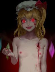 Rule 34 | 1girl, absurdres, blonde hair, blood, breasts, collarbone, crystal, dark, deep wound, fangs, flandre scarlet, flat chest, glowing, glowing eyes, gradient background, hat, hat ribbon, highres, injury, looking at viewer, mob cap, nipples, nude, open mouth, red eyes, ribbon, short hair, side ponytail, slit pupils, smile, solo, touhou, upper body, wings, xiaxia