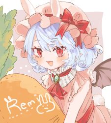 Rule 34 | 1girl, animal ears, bat wings, blush, bow, carrot, carrying, dress, fang, gem, hat, hat bow, highres, jewelry, looking ahead, maru usagi, mob cap, necktie, open mouth, pink dress, pointy ears, purple hair, rabbit ears, rabbit tail, red eyes, red necktie, remilia scarlet, ribbon-trimmed headwear, ribbon trim, short hair, simple background, skin fang, tail, tongue, touhou, waist bow, white background, wings